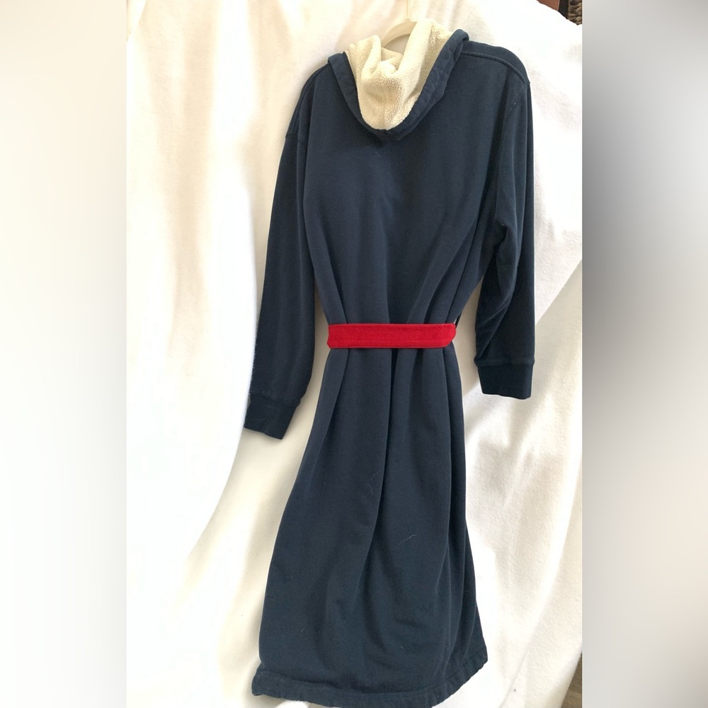 XL Vintage Navy Fleece Lined Hooded Robe. Comfy & Classic. Belt replaced w/ red - Picture 2 of 12